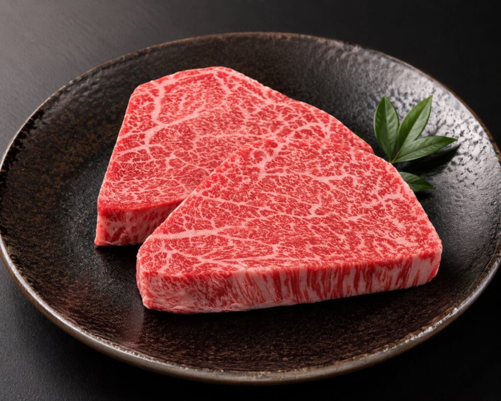Two A5 heifer wagyu steaks with delicate marbling on a Japanese plate