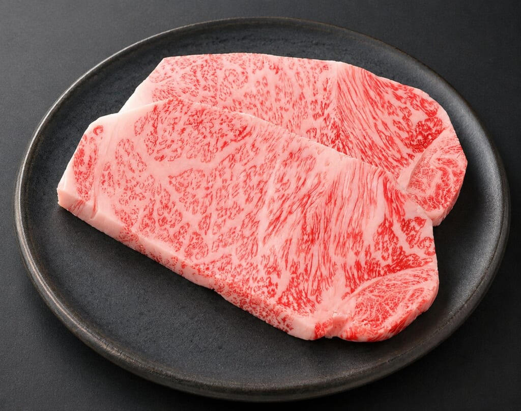 Raw A5 heifer wagyu sirloin steaks showing fine marbling, served at Arc wagyu restaurants in Kyoto