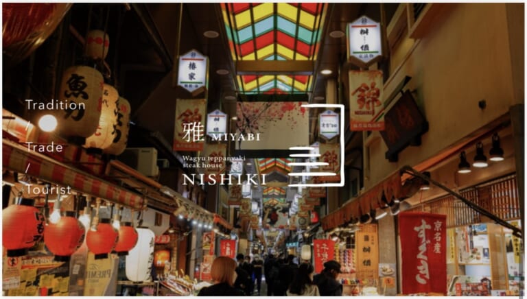 Nishiki Market in Kyoto, known as Kyoto’s Kitchen, with lanterns and shop banners — home of Wagyu teppanyaki steak house Nishiki 雅 MIYABI