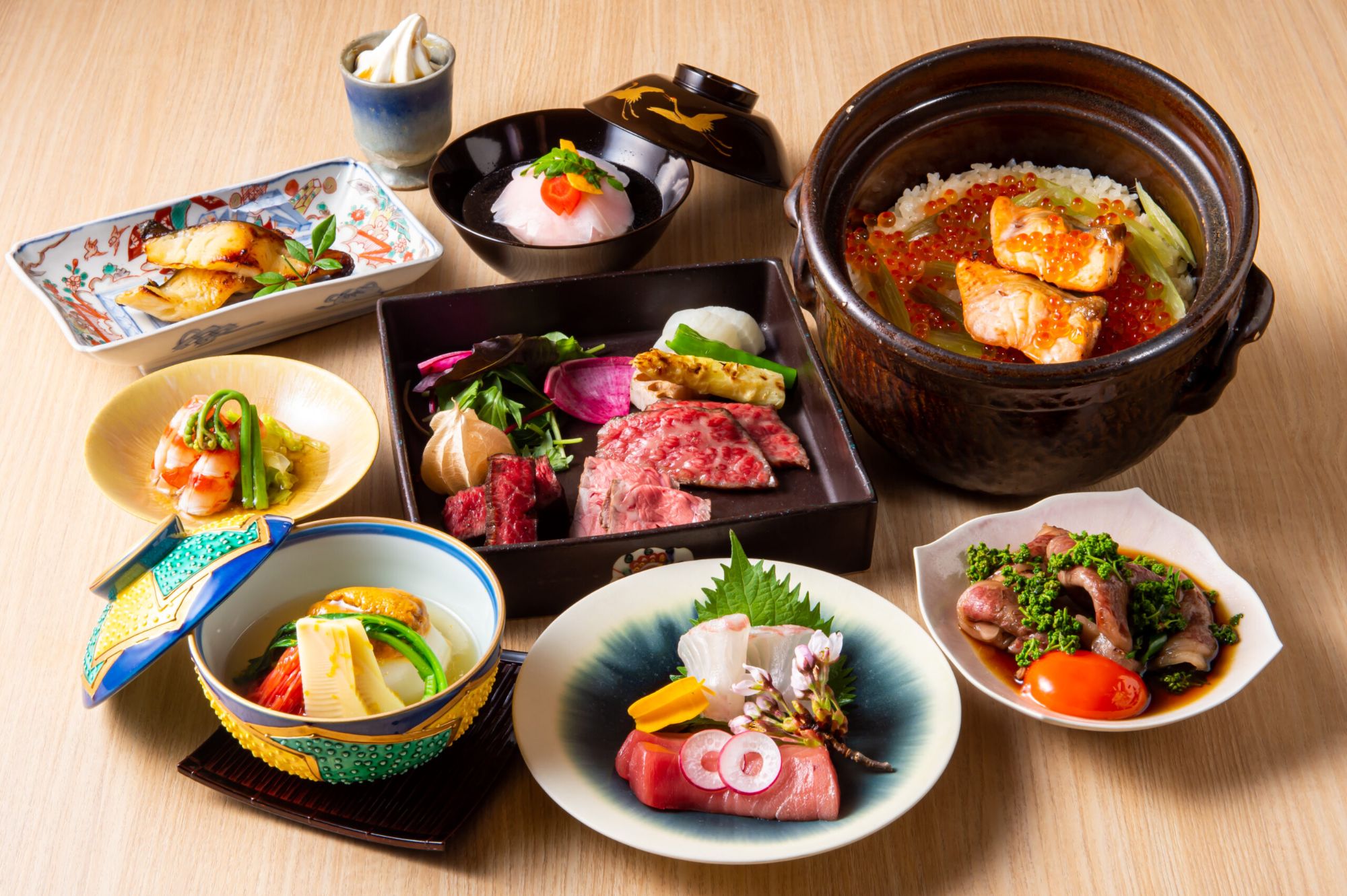 Wagyu and Japanese kappo course dishes at 肉炭馨 和衷 WACYU in Kitashinchi, Osaka